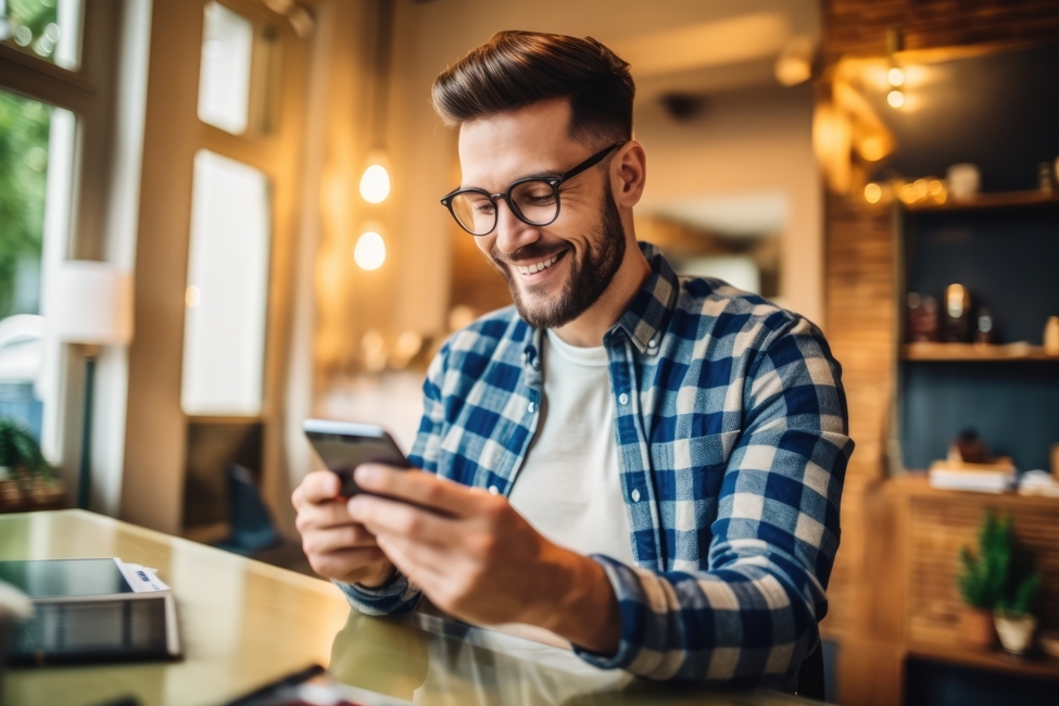 Ein Mann mit Brille und kariertem Hemd sitzt in einem gemütlichen Café und schaut lächelnd auf sein Smartphone.